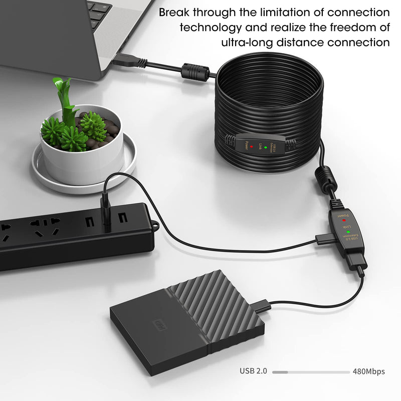 50FT Active USB Extension Cable 2.0 Male to Female with A Extension chipset Signal Booster - Active Extension/Repeate 50FT USB 2.0 Extension Cable Black