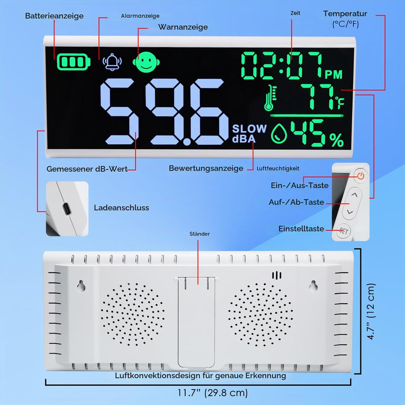Decibel Meter 13 Inch Wall and Table Sound Level Meter Large LED Device for Displaying Decibels, Time, Temperature and Humidity with Buzzer & Symbol Alarm for Classroom and Studio