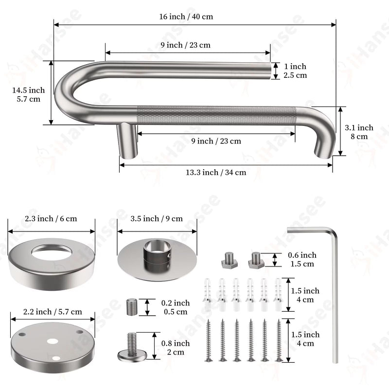 𝐔𝐩𝐠𝐫𝐚𝐝𝐞𝐝 Toilet Grab Bars 16 Inch - Toilet Paper Holder Grab Bar Stainless Steel Knurled Toilet Grab Bars for Seniors Bathtub Bathroom Rails for Elderly Safety Balance Support, Brushed Nickel