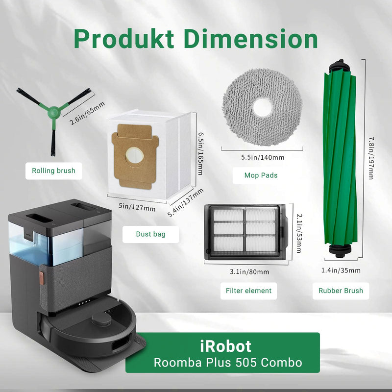[Australia - AusPower] - Replacement Parts for iRobot Roomba Plus 405/505 Combo Robot Vacuum and Mop 28-Pack Accessories Kit:2 Main Brushes,6 Dust Bags,6 Filters,6 Mop Pads,6 Side Brushes,1 Cleaning Brush 405 / 505 Combo replacement parts 