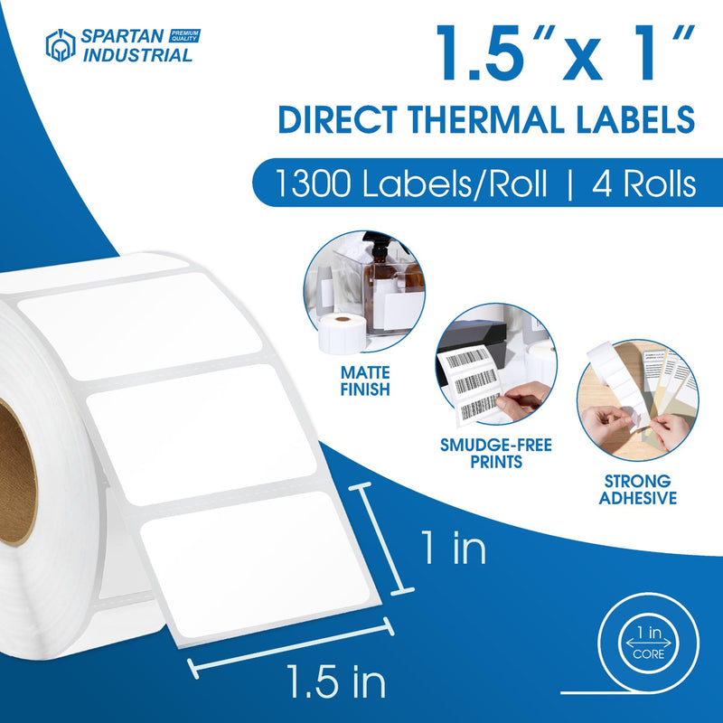 [Australia - AusPower] - Spartan Industrial - 1 1/2" X 1" Direct Thermal Labels (10 Rolls, 1300/Roll) Barcode Labels Compatible with Rollo, Zebra, and Other Desktop Label Printers 1.5" X 1" 10 Count 