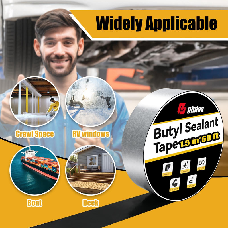 Bghdas - 1 Pack Butyl Sealant Tape 1 1/2" X 60' - Double Sided - Black Vapor Barrier Butyl Tape for Wall of Crawl Space, Rv Windows, Deck Boat, Crawlspace (Waterproof, Weatherproof) 1.5