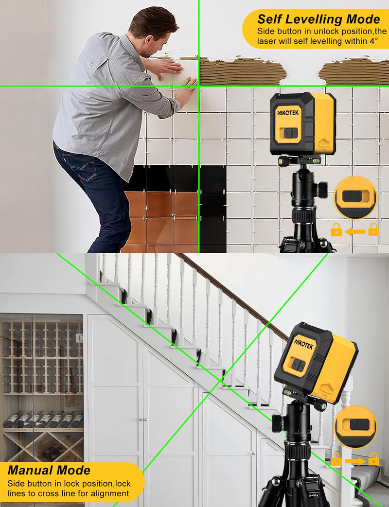 [Australia - AusPower] - Laser Level Self-Leveling Green Beam Horizontal and Vertical Cross-Line Laser for Home Decoration Carrying Pouch, Battery Included 