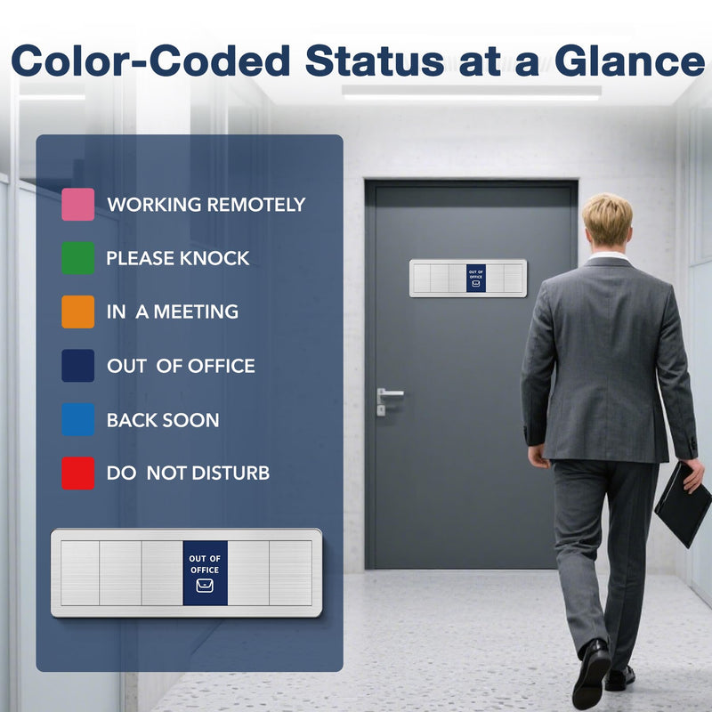 Office Door Signs - 2 Pack: Do Not Disturb, In A Meeting, Out Of Office, Working Remotely, Please Knock, Back Soon - 6 Options Slider Privacy Door Sign for Home Offices & Hybrid Work, Brushed Silver 6 Area-2pk