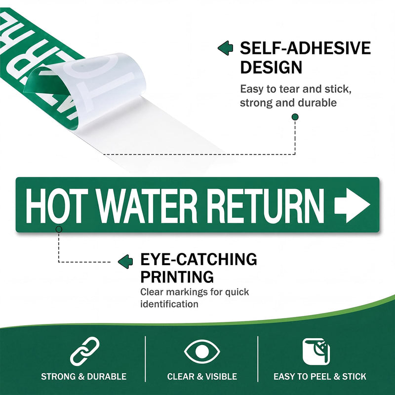 1 Roll Economy Pipe Markers - 1" Height x 8" Hot Water Pipe Labels, White On Green Pressure Sensitive Vinyl