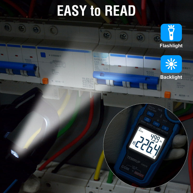 [Australia - AusPower] - Digital Clamp Meter Multimeter - TEMIRUP Auto-ranging 6000 Counts Amp Voltage Tester with D-Shaped Jaw VFD Mode, Measuring NCV, AC/DC Voltage AC Current Temperature Capacitance Resistance Continuity 600A AC Clamp Meter 