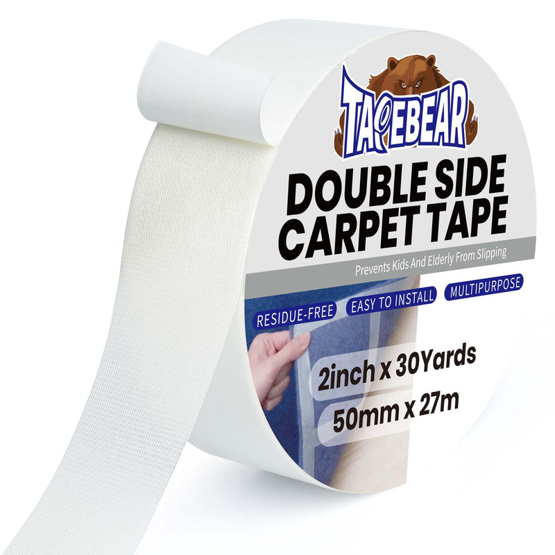 TAPEBEAR Carpet Tape Double Sided 2Inch x 30Yards, Heavy Duty Rug Gripper Anti Slip Anti Curling Floor Tape Residue-Free, Two Sided, Removable, Waterproof for Area Rugs, Mats, Strong Hold for Tile Clear Glue/White Package