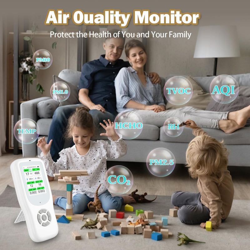 11-in-1 Air Quality Monitor - Portable Indoor Air Quality Detector with Stand, Real-Time Test for AQI, CO2, PM2.5, PM1.0, PM10, TVOC, HCHO, Particles, Humidity & Temperature White-White