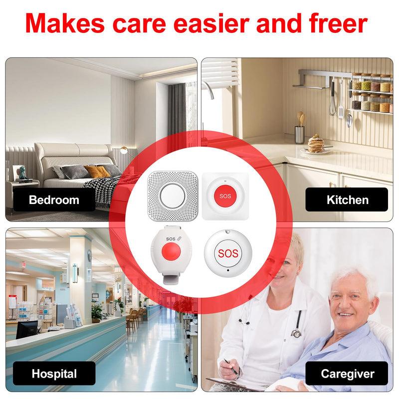 XUK Wireless Caregiver Pager Smart Call System for Elderly Monitoring SOS Alert System Portable Alarm with 1 SOS Call Panic Buttons & 1 Watch Pagers & 1 Square Pull Cord Pagers, 500+Feet 1 Receivers 1*Set of four styles(4 pieces total)