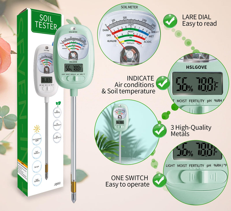 HSLGOVE Soil Test Kit, 7-in-One Soil Moisture Meter/Soil PH Meter/Fertility, Dual Screen Soil Tester w/Digital Soil Temp/Air Temp&Humidity for Plants Gardening,Lawn,Farm Indoor&Outdoor-Mint Green Mint Green