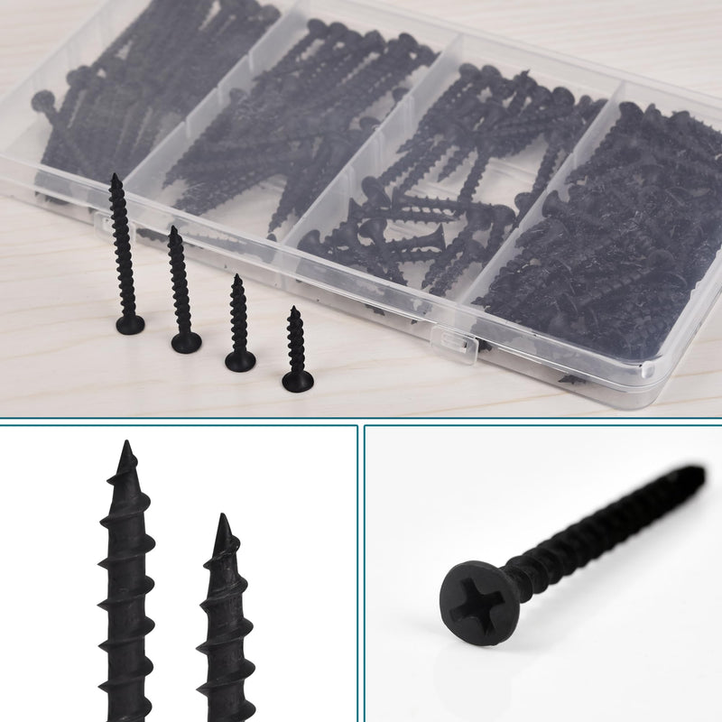 [Australia - AusPower] - Drywall Screws Assortment Kit - 170 Pcs Black Wood Screws Phillips Tips, Coarse Thread Sheetrock Screws Set, Self Tapping Screws 4 Sizes 1",1-1/4",1-5/8",2in 