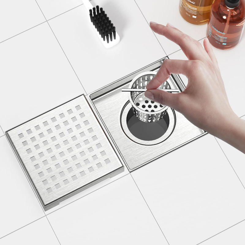 Neodrain Square Shower Drain with Removable Quadrato Pattern Grate, Brushed 304 Stainless Steel Square Drain for Bathroom, with Hair Strainer and Lifting Hook,CUPC Certified (Brushed Nickel, 4 in)