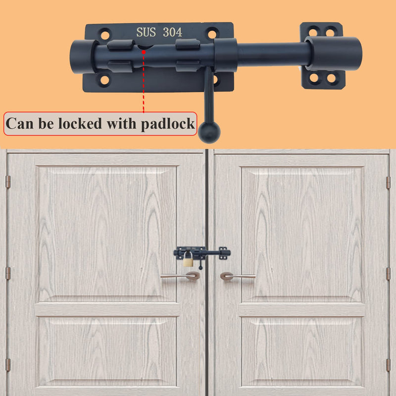 6in Slide Bolt Gate Latch 304 Stainless Steel Barrel Bolt Latch Heavy Duty Door Security Lock Thickened Door Latches Hardware with Mounting Screws for Barn Fence Shed Basement 6in Black