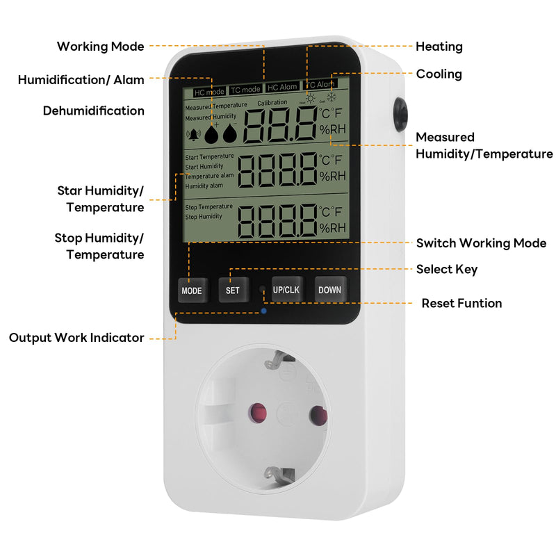 [Australia - AusPower] - Humidity Controller, Hygrostat Socket with Sensor 230 V, Digital Hygrostat Humidity Controller, Humidity Controller with Alarm for Humidifier, Dehumidifier, Mushroom, Terrarium 