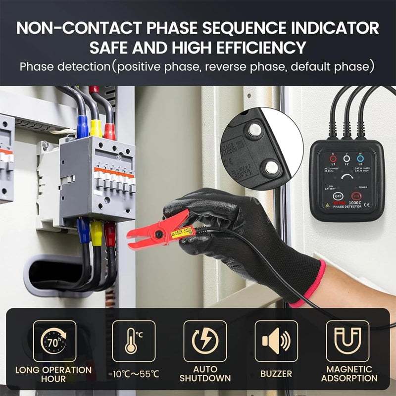 [Australia - AusPower] - ETCR1000C Non-Phase Sequence Detector - AC 70-1000V Magnetic Base Phase Meter 