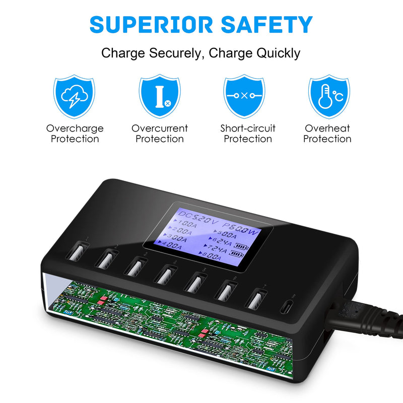 [Australia - AusPower] - USB Charger, slitinto 60W 12A 8-Port USB Charging Station Multi Port USB Hub Charger Compact Size LCD Display Compatible with iPhone iPad Samsung Kindle Tablet Bluetooth Earbuds and More Black 
