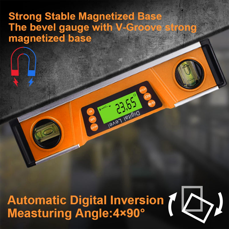 [Australia - AusPower] - Digital Level and Protractor, 10 Inch IP54 Protected Electronic Bubble Inclinometer Angle Finder Gauge with Large LED Backlight Display & Magnetized V-Groove Base Carrying Bag Included (orange) 