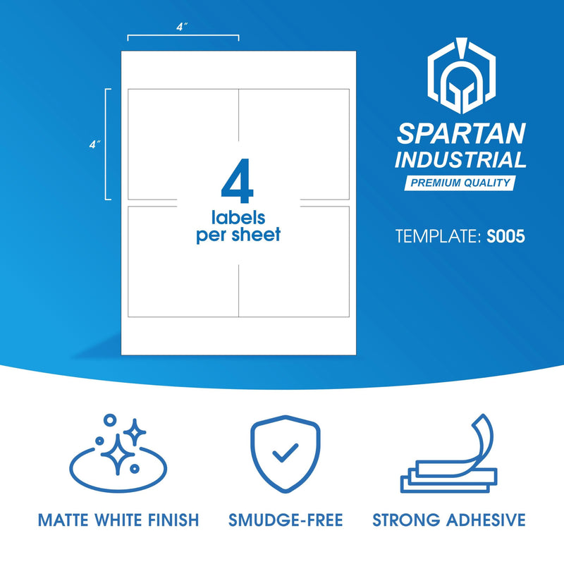 4" X 4" Square Printable Labels for Inkjet and Laser Printers - 500 Sheets, 2000 Matte White Custom Stickers for Business Logos, QR Code Stickers, Product Labeling - Spartan Industrial Template S005 4" X 4" 500.0