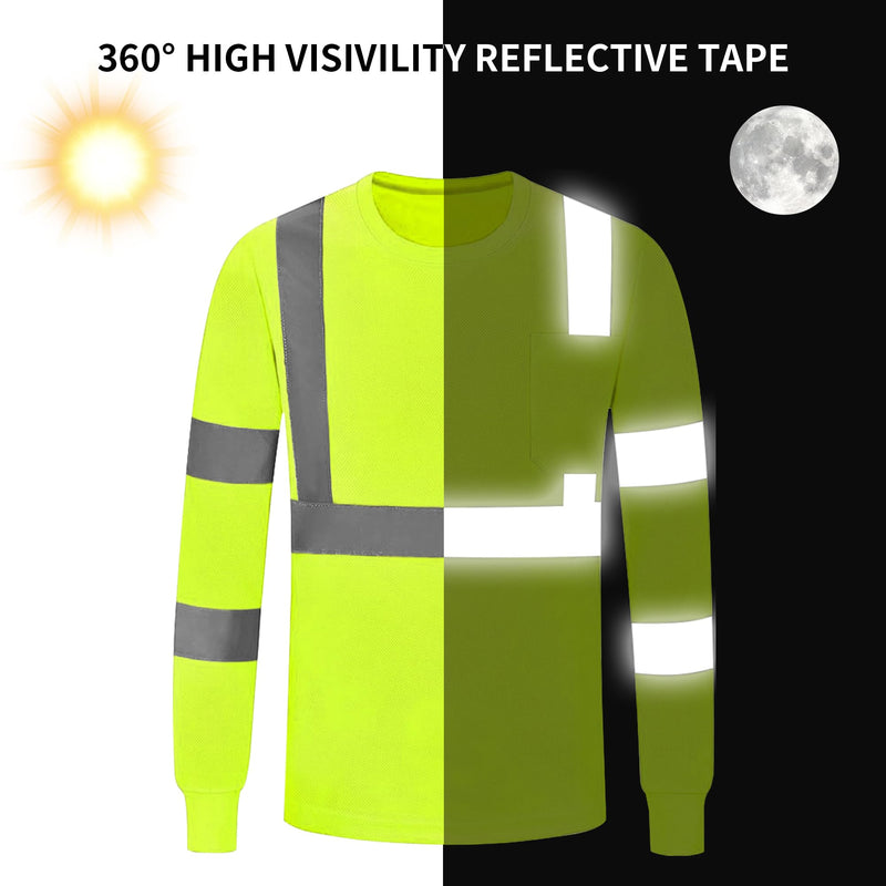 Safety Shirts for men High Visibility Long Sleeve Reflective Breathable Shirt for Work Warehouse Construction Yellow 1pc XX-Large