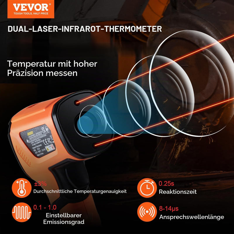 VEVOR Infrared Thermometer IR 50:1 Pyrometer -40°C to 1500°C Laser Temperature Meter 180 x 120 x 60 mm Temperature Meter Non-Human Body Thermometer for Cooking/Barbecue/Freezer/Industry