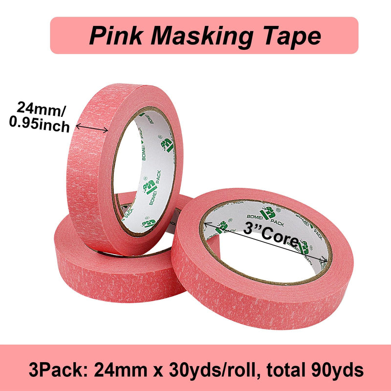 BOMEI PACK 3 Pack Painters Tape, 1 inch x 30yds, Premium Painting Masking Tape, Clean Release Paper Tape for Home and Office (Pink) Pink