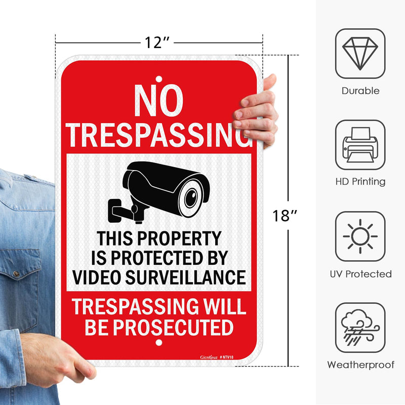 GicnKeuz Large Video Surveillance Signs, 18x12 Inches No Trespassing Sign Private Property Sign,Engineer Grade Reflective Aluminum, Fade Resistant,Indoor or Outdoor Use (2-Pack) Red 2 PACK