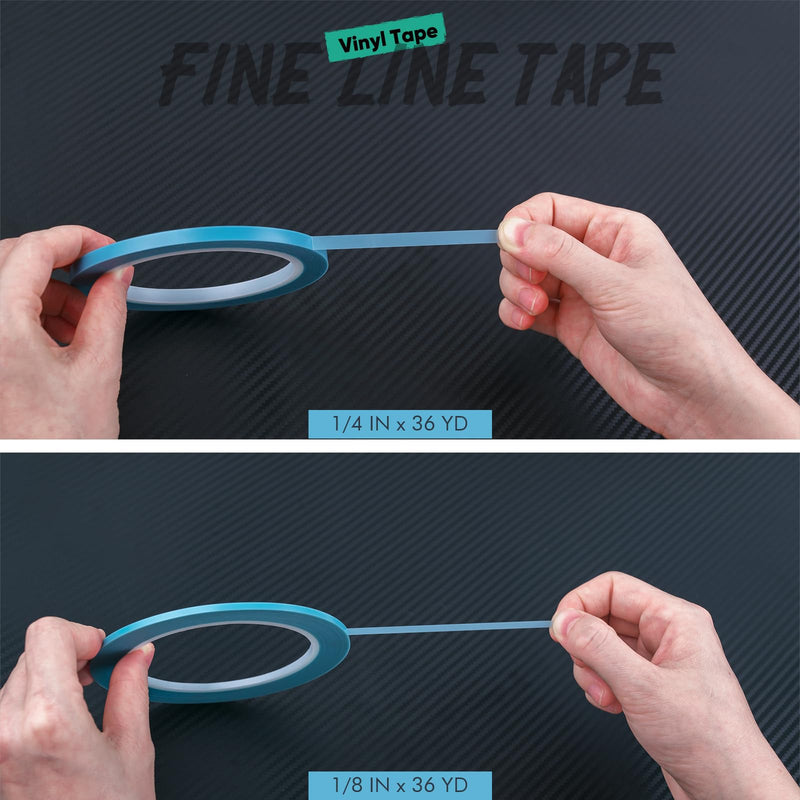 FOSHIO 4 Rolls Fine Line Tape, 2 Rolls 1/4 in x 36 yd and 2 Rolls 1/8 in x 36 yd Vinyl Tape for DIY, Flexible Pinstripe Tape for Paint Masking Striping, Color Separation and Complex Designs