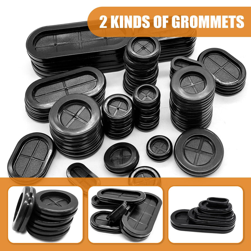 mankk 45PCS Rubber Grommet Kit 10 Size Oval and Round Double Sided Rubber Hole Plug Firewall Hole Plug with Retractable Box Knife for Protecting Cable Wire M-119-45PCS 10 Sizes