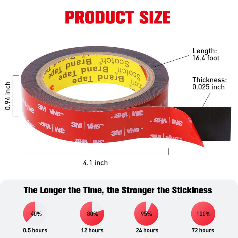 Double Sided Tape Heavy Duty, Adhesive Mounting Tape Waterproof, 16.4 FT x 0.94 IN, Strong Foam Tape for Walls, Automotive, Home Office Decor, Made of 3M VHB Tape (Pack of 1) 16.4FT (1 Pack)