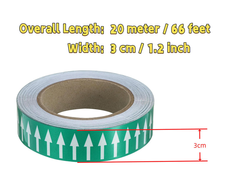 Pipe Flow Arrow Tape Pipeline Arrow Stickers 1.2 Inch x 66 Ft (3cm x 20M) Pipe Identification Marking Arrow Labels with Reflective Strips for Pipe Flow Markers, Green/White 1.2"/3cm