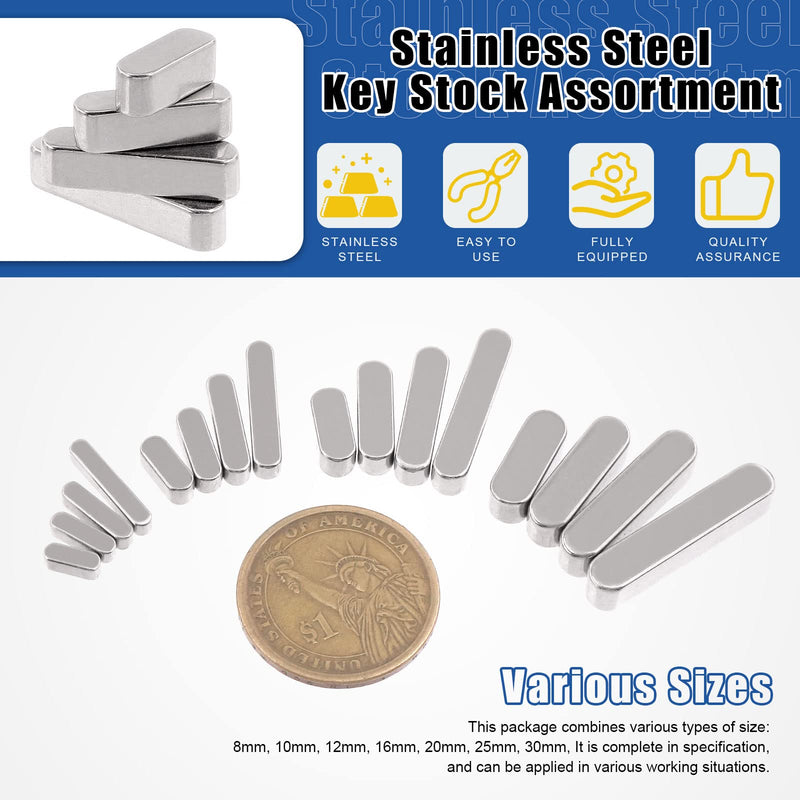 [Australia - AusPower] - Glarks 140Pcs 8mm 10mm 12mm 16mm 20mm 25mm 30mm Key Stock Keystock Assortment kit, 16 Sizes 304 Stainless Steel Smooth Round Ended Feather Key Parallel Drive Shaft Keys Set 