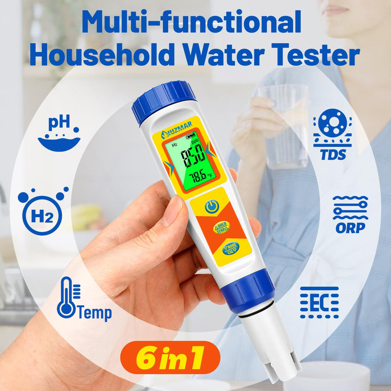 [Australia - AusPower] - Hydrogen Water Tester pH Meter 6 in 1 pH H2 ORP TDS EC Temp Tester Dissolved Hydrogen Tester for Hydrogen Water Bottle pH and ORP Meter for Household Drinking Water Hydroponics Pool 