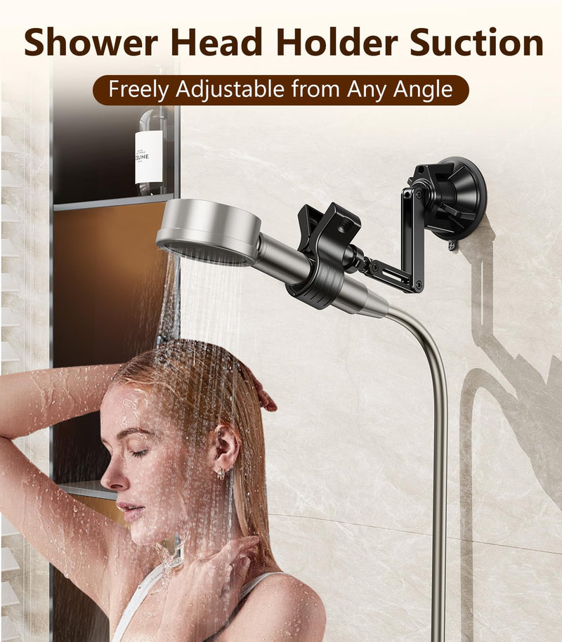 Adjustable Shower Head Holder, Large Size Strong Suction Cup Handheld Shower Wand Holder with 360°Rotation & Telescopic Arm,Wall Mount for RV/Bathroom, No Drill Adhesive Free Showerhead Mount Hanger