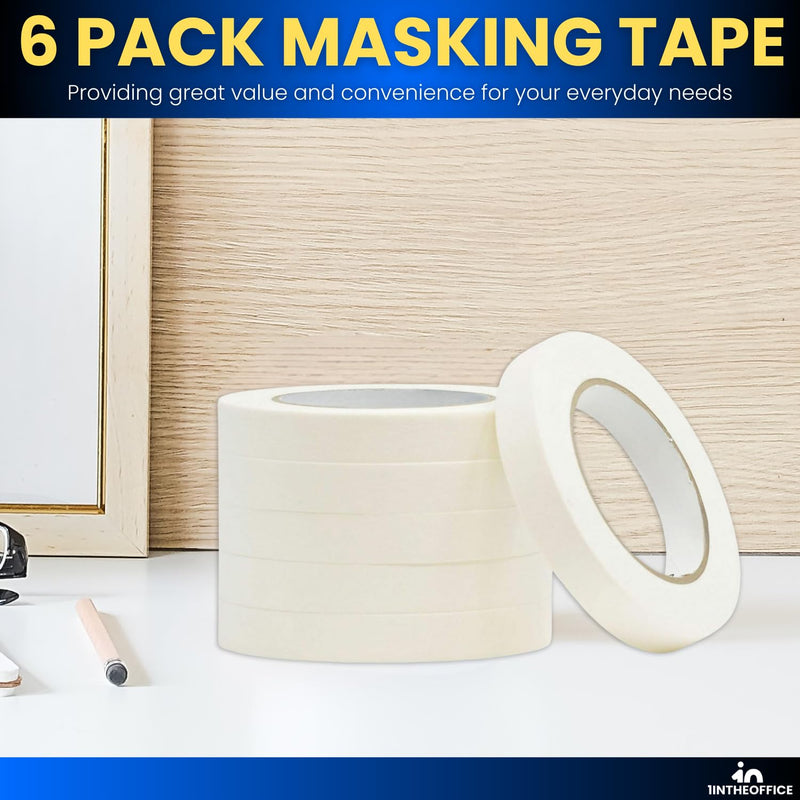 1InTheOffice Masking Tape 0.7" x 60 Yards, Thin Painter’s Tape, Low Residue, Beige, 6-Pack