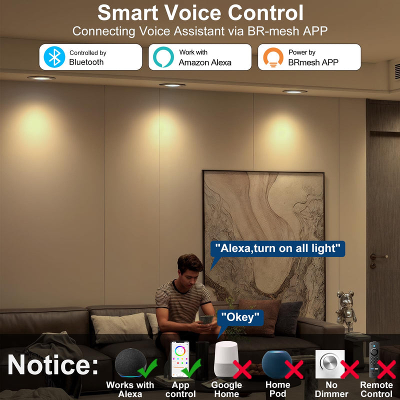 ChangM LED Recessed Spotlight 230 V Alexa Smart LED Spot Dimmable with App Bluetooth Ceiling Spotlights Flat 8 W IP44 3 Inch Ceiling Light Warm White to Cool White 2700 K - 6000 K Recessed Lights Set of 8 8w Ø68-85mm-8 Pack