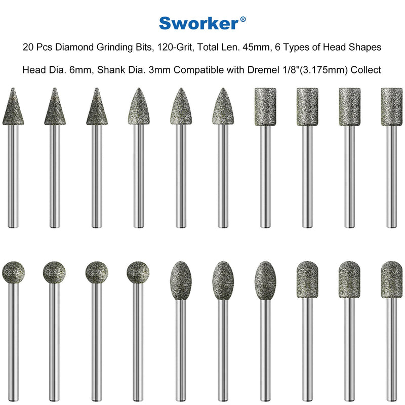 [Australia - AusPower] - 20Pcs 120-Grit Diamond Grinder Bit 1/8" Shank Compatible with Dremel Rotary Tool Attachment Accessories Grinding Burrs for Stone Glass Resin Porcelain Ceramic Quartz Glaze Steel Carve Engrave Polish 
