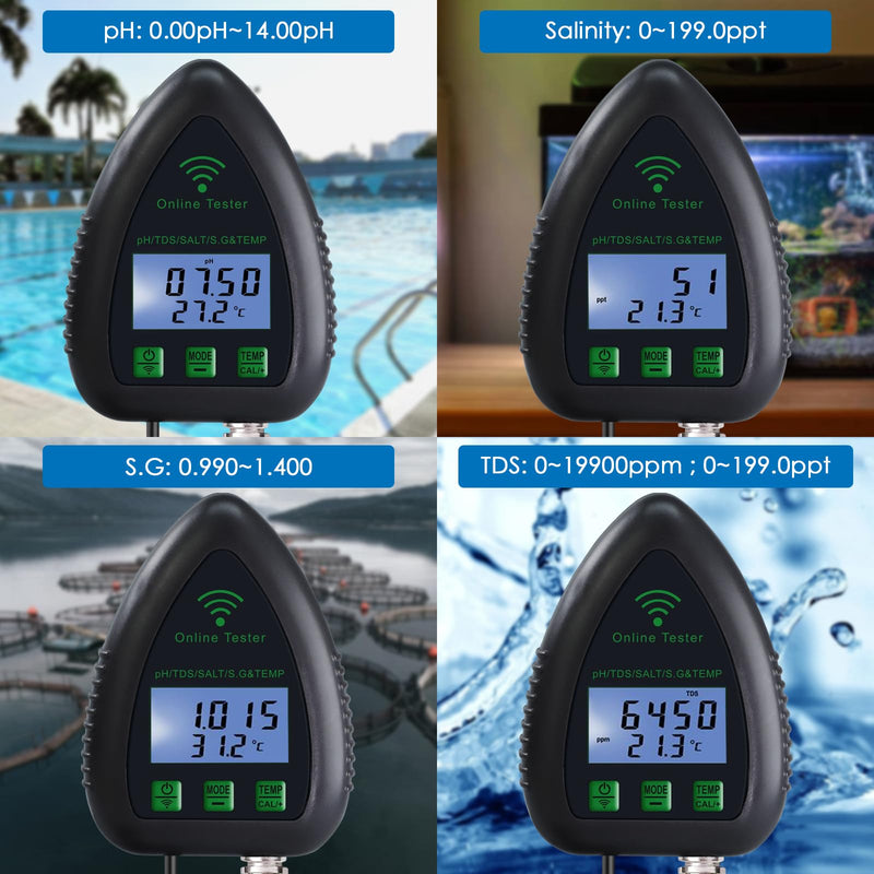 [Australia - AusPower] - 5-in-1 WiFi pH Monitor, Water Quality Tester, pH/S.G/TDS/Salt/Temperature 24/7 Online Hydroponic Monitoring WiFi Tester with Data Logging and Alarm for Aquarium Fish Pond Saltwater Pool 