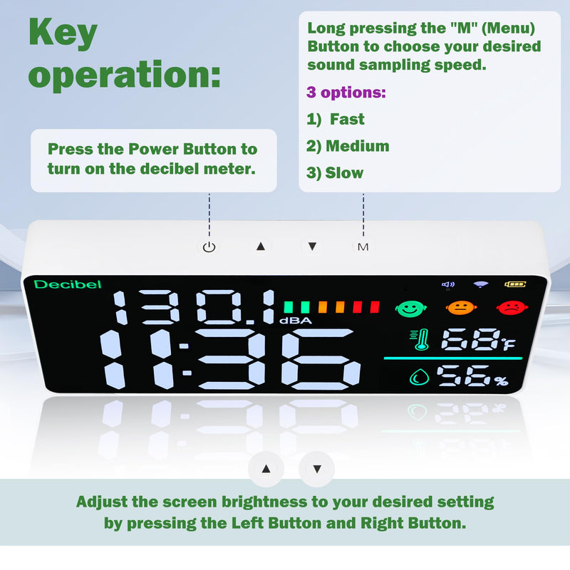 [Australia - AusPower] - Decibel Meter Wall Mounted Hanging and Desktop Sound Level Meter, 11 inch LED Large Display WiFi Noise Meter Decibel Time Temperature Humidity Meter with Alarm Icons Indicator for Classroom, Home 5-in-1 Noise Monitor 
