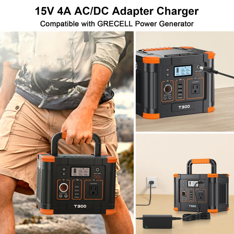 15V AC/DC Adapter Charger for GRECELL T300 300W (Peak 600W) Portable Power Station Generator Replacement 288Wh 78000mAh Li-ion Battery FJ-SW20171504000D 15V 4A 60W Power Supply Cable Charger