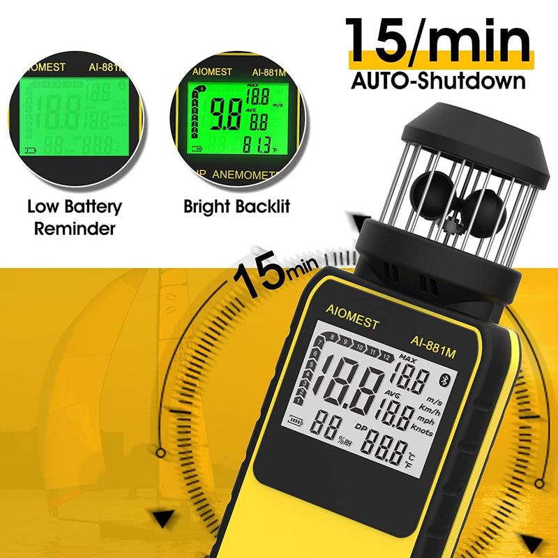 AIOMEST Wind Gauge Wind Gauge, Digital Anemometer Handheld Wind Cup Wind Speed Meter, ±4% Accuracy, Measures MAX/AVG Wind Speed & Temperature for Sailing Surfing Drone 881M