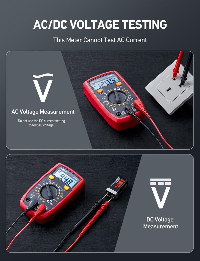 [Australia - AusPower] - AstroAI Digital Multimeter Tester 2000 Counts with DC AC Voltmeter and Ohm Volt Amp Meter; Measures Voltage, Current, Resistance, Continuity and Diode (AM33B) 