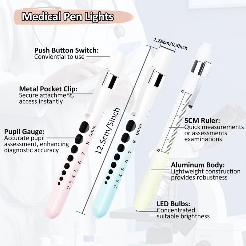[Australia - AusPower] - Pen Light for Nurses, 3 Pack Medical Pen Lights with Pupil Gauge for Doctor Nurse Student with Baked Porcelain Finishing Aluminum Alloy Body Penlights,White Light Led,6 AAA Powerful Batteries Gradient Blue + Gradient Yellow + Gradient Pink 