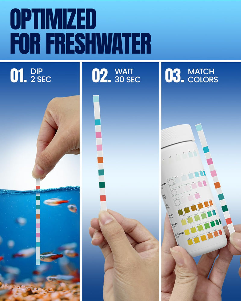 Aquarium Test Strips - 8-in-1 Aquarium Water Test Kit: Fish Tank Testing Kit for Freshwater & Saltwater, 50 Strips,Fast & Accurate Ammonia, pH, Hardness, & More， Lead Water Test Kit for Ponds W-8