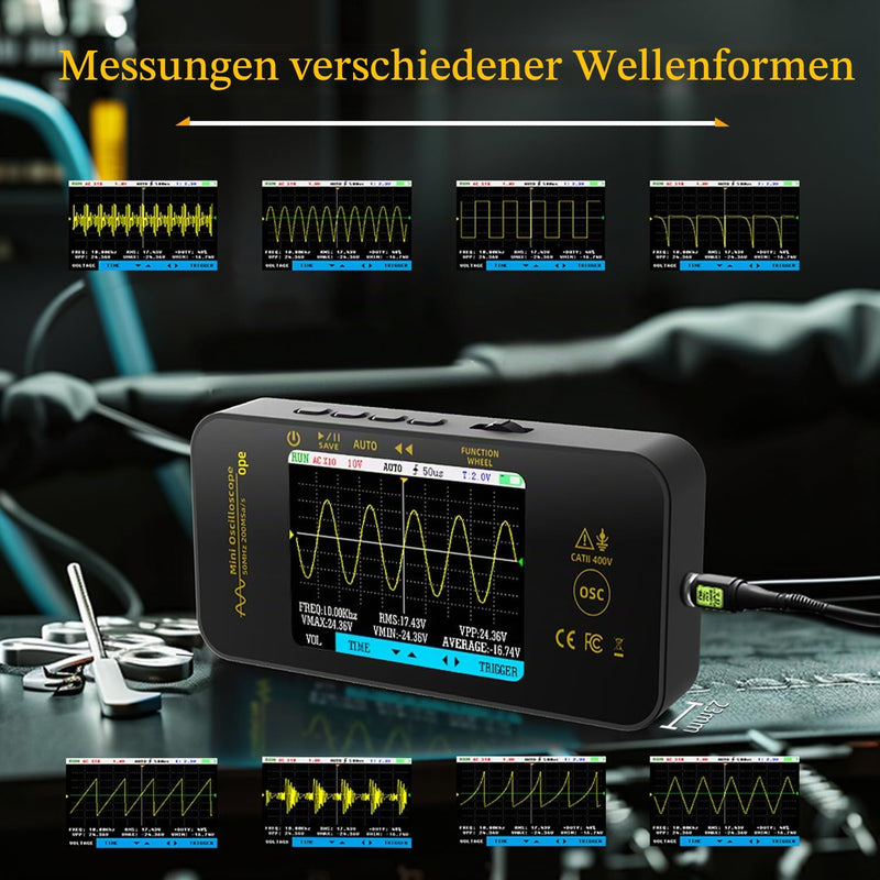 BSIDE OT5 Handheld Digital Oscilloscope Small Mini 50 MHz Bandwidth 200 MSa/s Sampling Portable Oscilloscope Rechargeable Ultra Slim with 3.2 Inch Full View Colour LCD for Car Audio Electronics