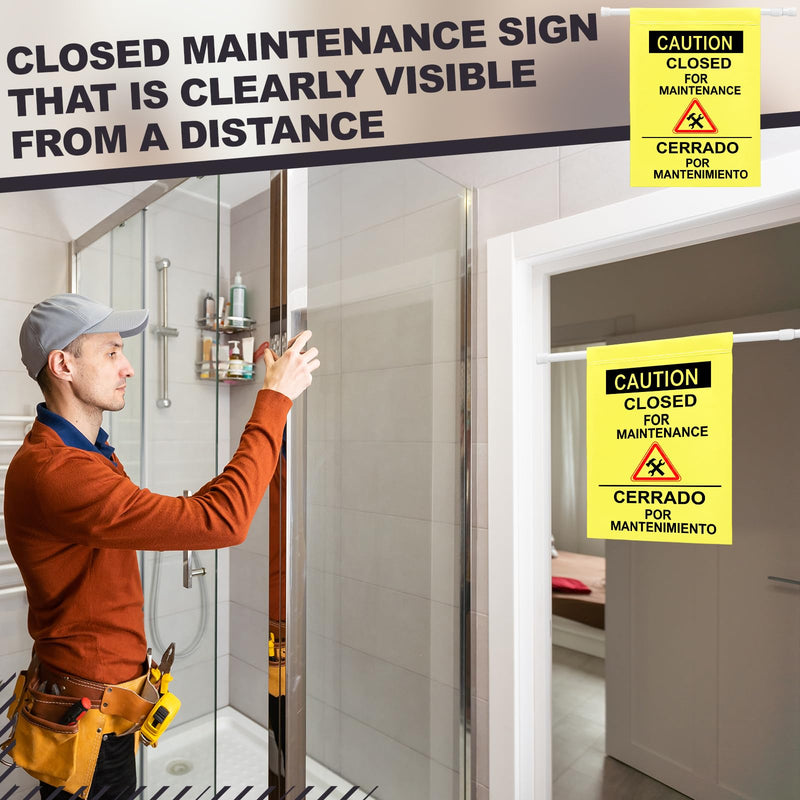 Fanfanwin 2 Pack Restroom Closed for Maintenance Sign with English & Spanish Doorway Barricade Sign with Adjustable Pole Yellow Hanging Doorway Safety Banner for Janitorial Use, Facility Maintenance