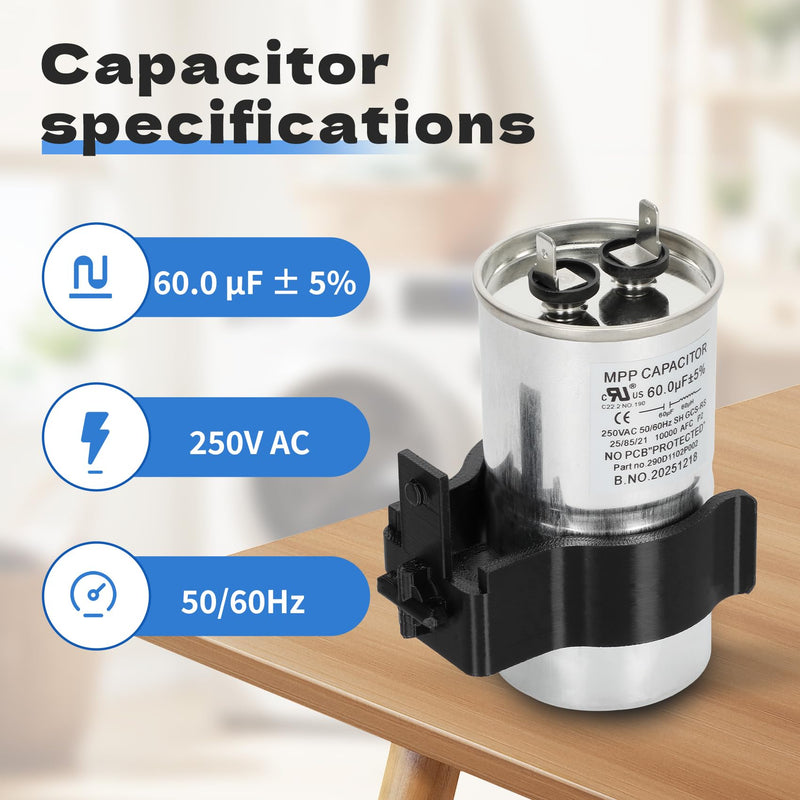 WH12X27614 Washer Start Capacitor and Bracket Kit, WH12X24103 Washing Machine Capacitor Compatible with GE, Hotpoint Washers, 60μF 250V AC, Direct Replacement for WH12X29017, WH13X28838, WH16X24102