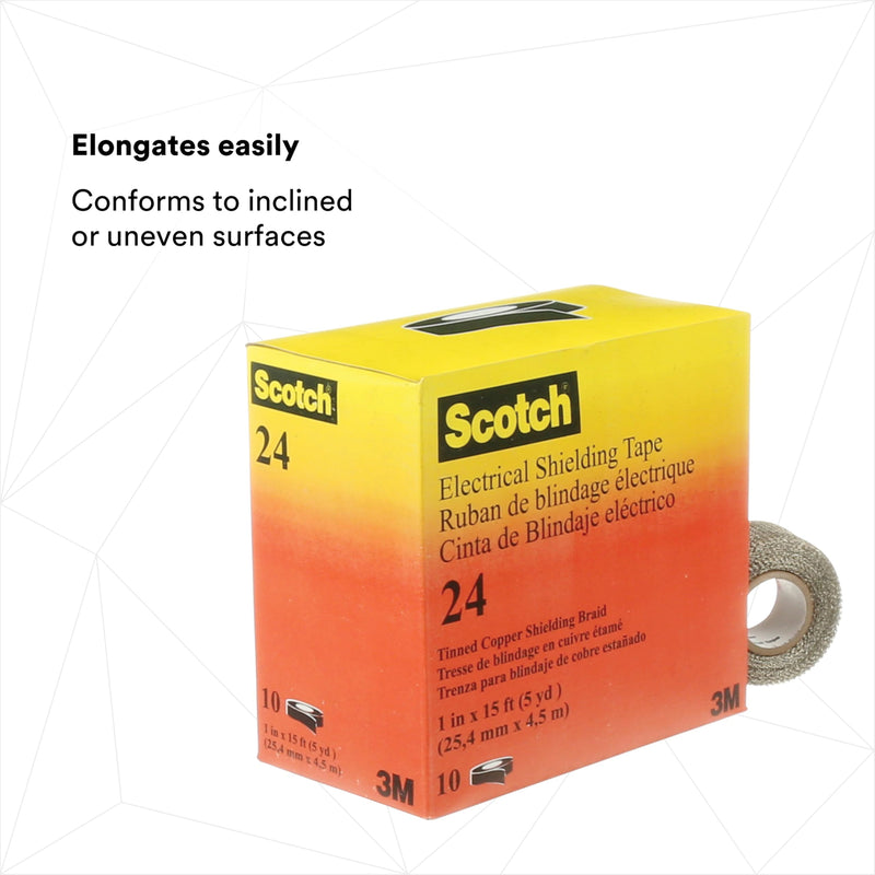 3M Scotch Electrical Shielding Tape 24, 1 in x 15 ft (25 mm x 4.6 m), Tinned Copper, Open-weave, Shielding Braid Tape, 1 roll