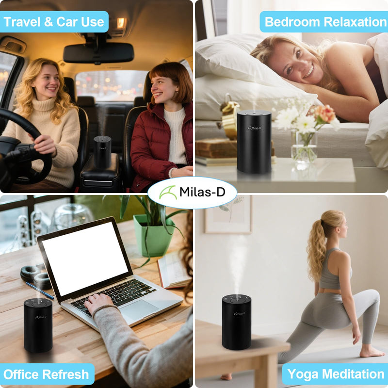 [Australia - AusPower] - Waterless Essential Oil Diffuser, Battery Operated Nebulizer with 3-Timers & 3 Mist Levels, 0.7 fl.oz./20ml, Mini Scent Air Machine, Home Car Office Studio, Portable & Rechargeable, Milas-D, Black 