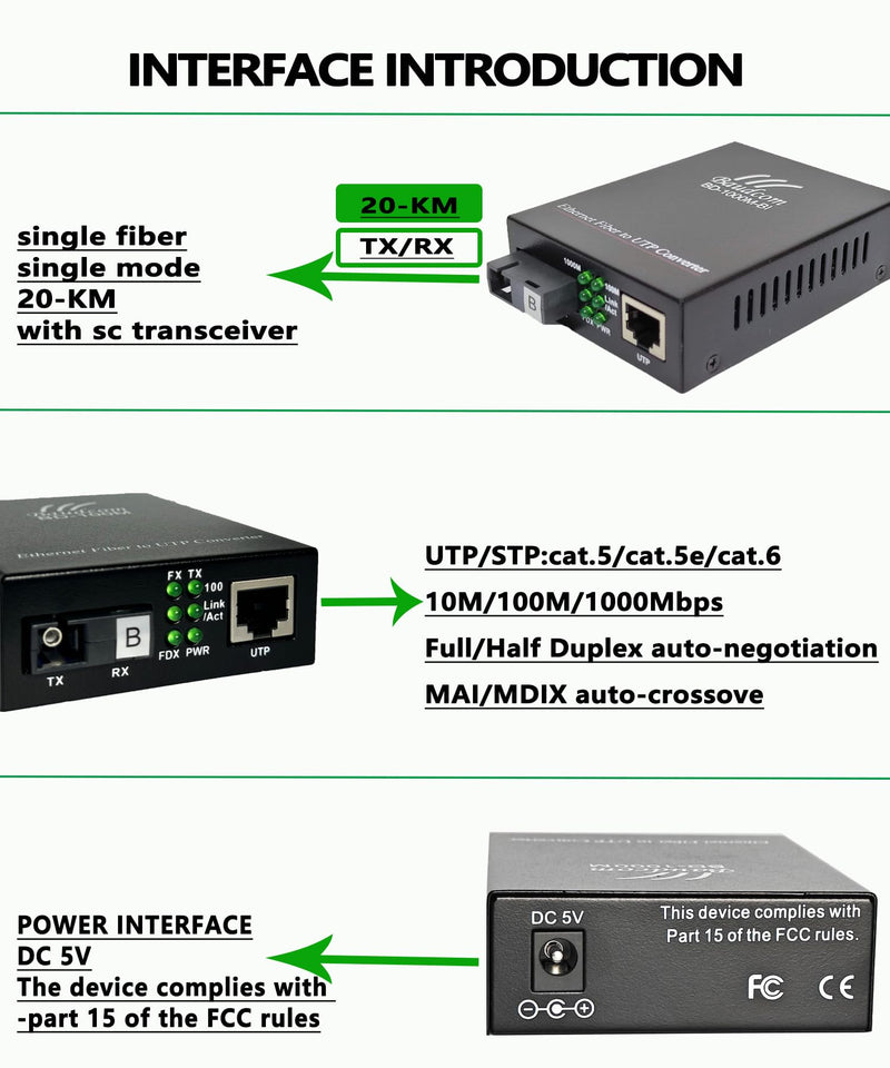 [Australia - AusPower] - Gigabit Ethernet Fiber Media Converter 10/100/1000M, SC Single Transceiver, 20KM Single Mode, RJ45 to 1000Base-LX, BIDI 20KM 