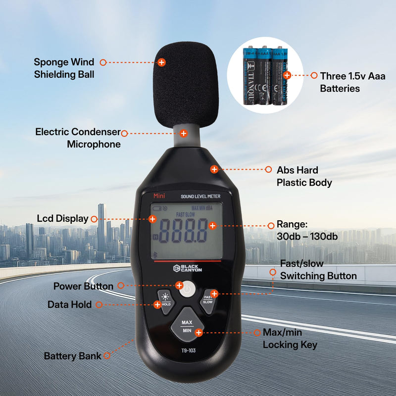 [Australia - AusPower] - BLACK CANYON Sound Level Meter – Digital DB Meter, Sound Decibel Meter, Decibel Reader, Noise Decibel Reader, 30–130dB, 30Hz–8kHz, A-Weighting, Max/Min, Data Hold, Auto Power-Off, LCD Display 